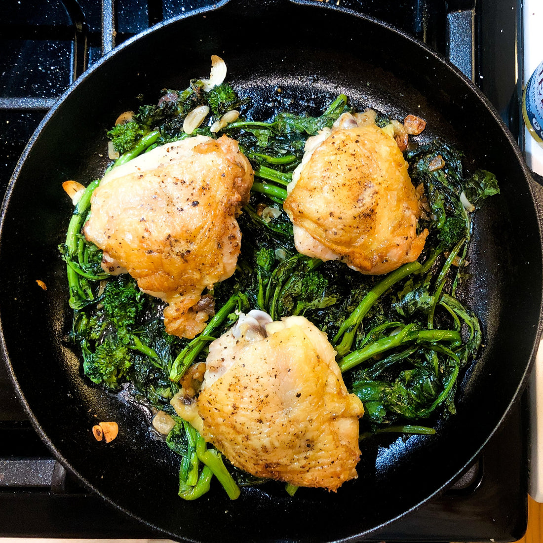 Crispy Chicken Thighs with Garlicky Broccoli Rabe