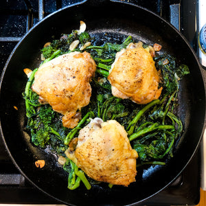 One-pan Crispy Chicken Thighs with Garlicky Broccoli Rabe